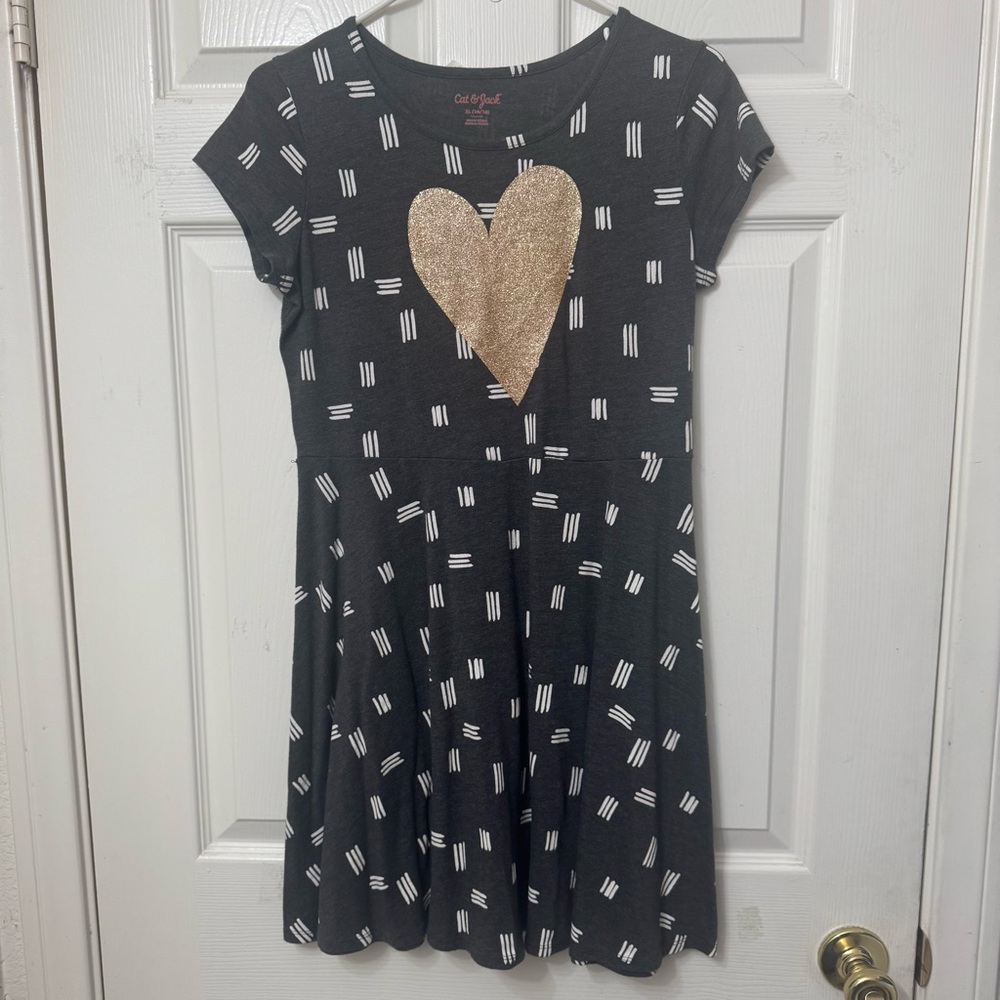 Cat & Jack Girls Gray Dress Gold Heart Skater Fit & Flare Dress Kids XL 14/16
